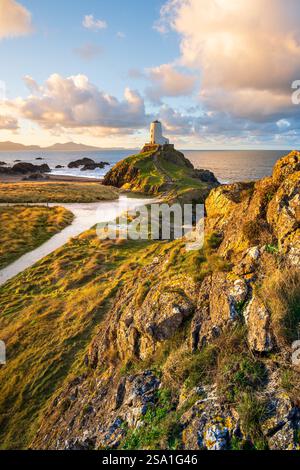 Golden Hour Sonnenaufgang am TWR Mawr Lighthouse mit dramatischem Blick auf die Berge von Snowdonia im Hintergrund. Anglesey, Nordwales, Großbritannien. Stockfoto
