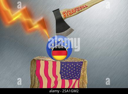 Symbolisches Bild, EU und Deutschland zum politischen Hackblock, Donald Trump, Zolldrohungen, Elon Musk, Mark Zuckerberg, soziale Netzwerke, Fake News, Stockfoto