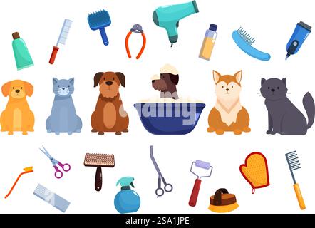 Tierpflegesymbole setzen Cartoonvektor. Hündchen in der Dusche. Pinsel Tier. Tierpflegesymbole setzen Cartoonvektor. Hündchen in der Dusche Stock Vektor