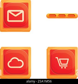 Marketing-Symbole setzen Cartoon-Vektor. Schaltfläche für Umschlag, Cloud und Warenkorb. Multimedia. Marketing-Symbole setzen Cartoon-Vektor. Schaltfläche für Umschlag Cloud und Warenkorb Stock Vektor