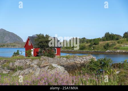 Blick über die Landschaft der Bucht von Skotnesosen mit einem traditionellen roten Fischerhaus, genannt Rorbu, Ballstad, Lofoten, Norwegen, Europa Stockfoto