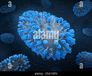 Kreatives Layout mit wissenschaftlich fundierten 3D-Renderings des Respiratory Syncytial Virus RSV. RSV ist ein häufiges ansteckendes Virus, das die menschlichen Atemwege infiziert. Kredit: NIAID. Humanes Respiratory Syncytial Virus RSV 016931 008 Stockfoto