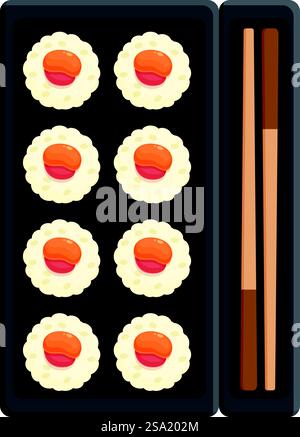 Sushi-Box mit Sticks Icon Cartoon Vektor. Asiatisches Essen. Mittagessen, Lieferung in japan. Sushi-Box mit Sticks Icon Cartoon Vektor. Asiatisches Essen Stock Vektor
