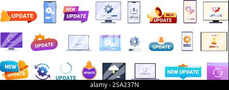 Aktualisieren Sie die Symbole der App-Software, um den Cartoon-Vektor festzulegen. Plattformsystem. Laden verwenden. Aktualisieren Sie die Symbole der App-Software, um den Cartoon-Vektor festzulegen. Plattformsystem Stock Vektor