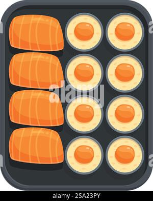 Fisch Sushi Set Icon Cartoon Vektor. Schnelle Mahlzeit zum Mitnehmen. Japan Liefernahrung. Fisch Sushi Set Icon Cartoon Vektor. Schnelle Mahlzeit zum Mitnehmen Stock Vektor