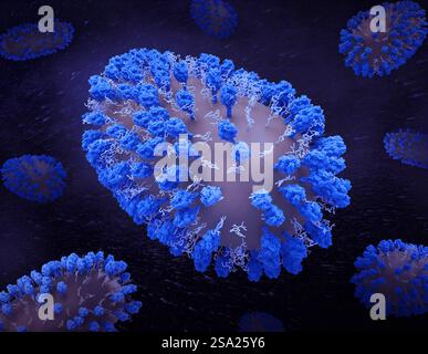 Kreatives Layout mit wissenschaftlich fundierten 3D-Renderings des Respiratory Syncytial Virus RSV. RSV ist ein häufiges ansteckendes Virus, das die menschlichen Atemwege infiziert. Kredit: NIAID. Humanes Respiratory Syncytial Virus RSV 016931 007 Stockfoto