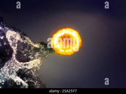 Kolorierter Transmissions-Elektronenmikrograph eines HIV-1-Viruspartikels gelb/Gold, das aus der Plasmamembran einer infizierten H9-T-Zelle violett/grün hervorgeht. Anz.: NIAID/NIH. HIV-1 016931 018 Stockfoto