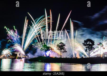 Ein Feuerwerk wird am Nachthimmel beleuchtet, und die Farben des Feuerwerks schaffen eine wunderschöne und lebendige Szene. Das Feuerwerk wird gestartet Stockfoto