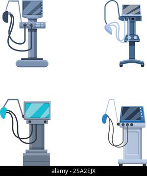 ICU-Ventilatorsymbole legen den Cartoon-Vektor fest. Medikamentöse Therapie der Lungenbeatmung. Lebenserhaltung oder Reanimation. ICU-Ventilatorsymbole legen den Cartoon-Vektor fest. Medikamentöse Therapie der Lungenbeatmung Stock Vektor