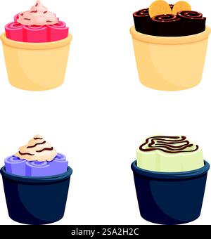 Rolleis-Symbole setzen Cartoon-Vektor. Köstliches Eis in einer Tasse. Nachtisch, süße Speisen. Rolleis-Symbole setzen Cartoon-Vektor. Köstliches Eis in einer Tasse Stock Vektor