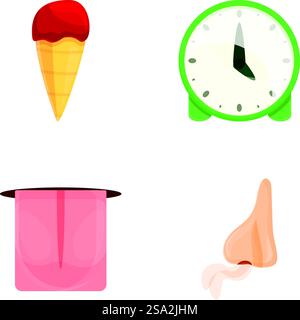 Erkennt Symbole setzen Cartoonvektor. Menschliches Wahrnehmungselement. Geschmack und Geruch. Erkennt Symbole setzen Cartoonvektor. Menschliches Wahrnehmungselement Stock Vektor