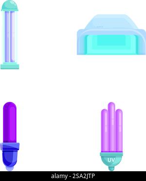 Ultraviolet lamp icons set cartoon vector. Various luminous lamp with uv ray. Device with ultraviolet light. Ultraviolet lamp icons set cartoon vector. Various luminous lamp with uv ray Stock Vektor