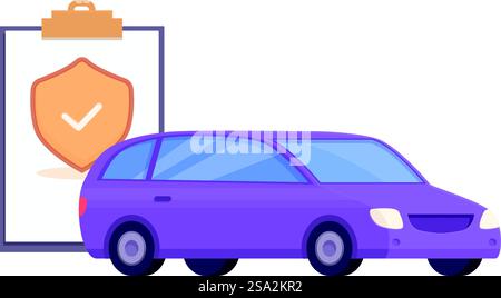 Flaches Design eines Autos neben einem Schildsymbol auf einem Klemmbrett, das den Versicherungsschutz symbolisiert. Illustration des Kfz-Versicherungskonzepts mit geschütztem Fahrzeug Stock Vektor