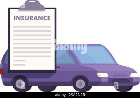 Vektor-flache Design-Illustration des Kfz-Versicherungskonzepts mit dem lila Klemmbrett, Rechtsdokument und Versicherungspolice, die Autoschutz und Sicherheit für das Fahrzeug bietet. Flache Design-Vektor-Illustration eines Autos mit einem Klemmbrett für die Versicherungspolice Stock Vektor