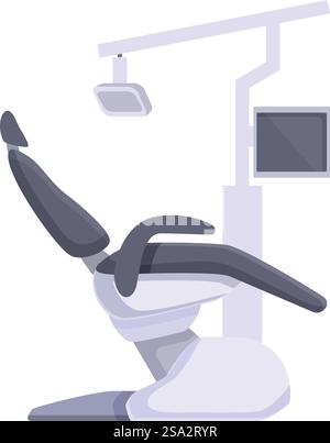 Moderne Dentalstuhl-Illustration in einer zeitgenössischen Zahnklinik mit verstellbarer Sitzfläche. Ergonomisches Design. Und sauber. Steriles Gerät. Perfekt für die Zahnmedizin. Gesundheitswesen. Vektorgrafik eines schlanken, modernen Zahnarztstuhls mit Deckenleuchte und Monitor Stock Vektor