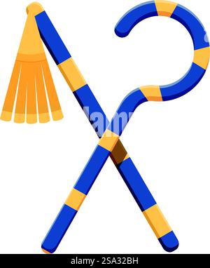 Vektor-Illustration eines Comic-Gauners und -Schlegels, ikonische Symbole der pharaonischen Macht. Zeichentrickfilme schwingen und flechten alte ägyptische Symbole Stock Vektor