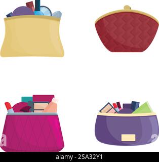 Kosmetiktasche Icons Set Cartoon Vektor. Weibliches Kosmetikprodukt im Make-up-Beutel. Schönheitskonzept. Kosmetiktasche Icons Set Cartoon Vektor. Weibliches Kosmetikprodukt im Make-up-Beutel Stock Vektor