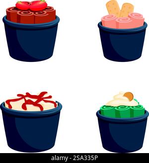 Eis-Symbole setzen Cartoon-Vektor. Leckeres, gerolltes Eis in einer Tasse. Nachtisch, süße Speisen. Eis-Symbole setzen Cartoon-Vektor. Leckeres, gerolltes Eis in einer Tasse Stock Vektor