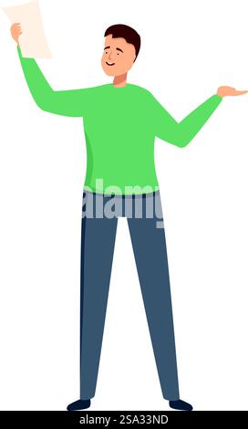 Illustration eines fröhlichen Mannes, der eine Zeitung präsentiert und mit der Hand nach oben triumphiert. Aufgeregter Mann, der Dokumente und Gesten erfolgreich hält Stock Vektor