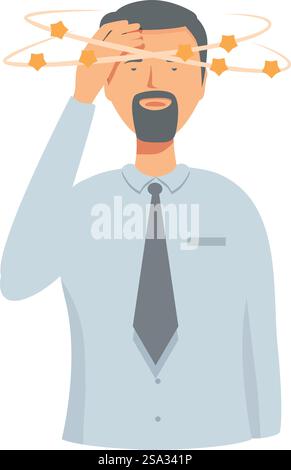 Illustration eines Mannes in Geschäftskleidung, der seinen Kopf vor Schmerzen fasst, während Sterne umkreisen. Mann mit starken Kopfschmerzen oder Migräne Stock Vektor