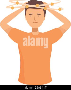 Illustration eines geschwächten erwachsenen Mannes mit Schwindel. Schwindel. Und Ungleichgewicht. Dargestellt in einer einfachen Cartoon-Vektor-Grafik mit einem Mann in einem orangefarbenen Hemd. Verwirrung leiden. Übelkeit. Cartoon eines Mannes, der seinen Kopf mit umkreisenden Sternen umklammert und Schwindel oder Schwindel zeigt Stock Vektor