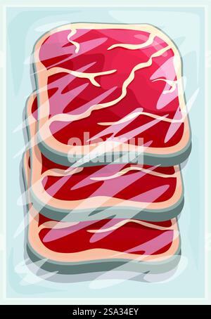 Vakuumversiegelte rohe marmorierte Rindfleischsteak-Illustration für Verpackung und Konservierung in luftdichter Plastikfolie, um Frische und hygienische Lagerung zu gewährleisten. Vektor-Illustration von Steakschnitten in luftdichten Verpackungen, perfekt für Lebensmittelkonzepte Stock Vektor