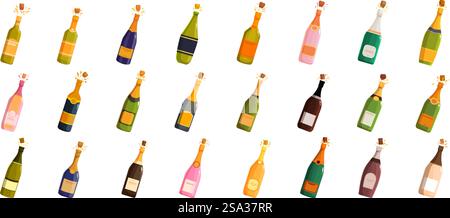 Vektor der Champagne-Explosion. Eine Reihe farbenfroher Champagnerflaschen, darunter einige in Pink und Grün. Die Flaschen sind in einem Raster angeordnet, wobei sich einige Flaschen überlappen. Die Szene ist fröhlich und feierlich. Vektor der Champagne-Explosion. Eine Reihe farbenfroher Champagnerflaschen, darunter einige in Pink und Grün Stock Vektor