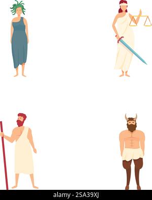 Vier Vektorillustrationen, die griechische mythologische Figuren auf weißem Hintergrund darstellen. Sammlung griechischer mythologischer Charaktere Stock Vektor