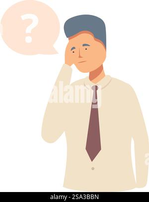 Illustration eines kontemplativen Geschäftsmannes mit einem Fragezeichen, das Zweifel oder Neugier anzeigt. Nachdenklicher Geschäftsmann mit Fragezeichen Stock Vektor