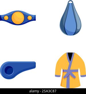 Set aus vier flachen Symbolen, die verschiedene Kampfsportausrüstung darstellen. Set mit Symbolen für Kampfkunstausrüstung Stock Vektor