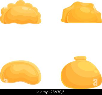 Set aus vier Illustrationen im Cartoonstil mit verschiedenen Formen von Goldnuggets und einem Sack Gold. Goldene Cartoon-Nuggets und Sackkollektion Stock Vektor