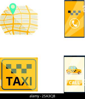 Sammlung von vier Flatdesign-Symbolen, die Taxidienste darstellen, einschließlich Kartenstandorte und Taxi rufen. Moderne Taxiservice-Symbole gesetzt Stock Vektor