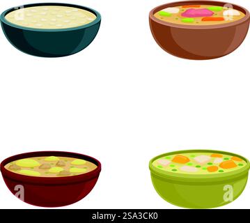 Sammlung von vier illustrierten Suppenschalen, jede mit einer anderen appetitlichen Suppe. Set mit verschiedenen Suppen in Schüsseln Illustration Stock Vektor