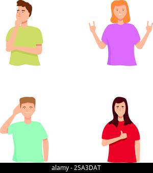Sammlung von Zeichentrickfiguren mit verschiedenen Ausdrücken und Gesten isoliert auf weißem Hintergrund. Eine Reihe verschiedener Comicfiguren, die unterschiedliche Emotionen zeigen Stock Vektor