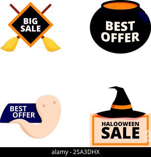 Farbenfrohe Kollektion von Verkaufs- und Bestseller-Ikonen einschließlich halloween-Motiven. Verkaufs- und Angebotssymbole Stock Vektor