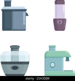Sammlung von vier Symbolen für Küchengeräte, die einen Mülleimer, einen Mixer, einen Reiskocher und eine Küchenmaschine darstellen. Set mit modernen Küchengeräten Stock Vektor
