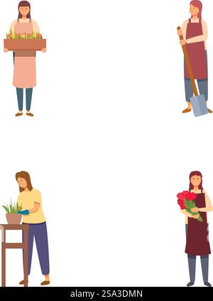 Gruppe von Gärtnerinnen, die eine vielfältige und nachhaltige Sammlung von Pflanzen und Gartenwerkzeugen für den Gartenbau und die ökologische Pflanzenpflege besitzen. Mit Illustrationen und einer Reihe von Zimmerpflanzen. Set aus vier Illustrationen, die Gärtner mit verschiedenen Pflanzen und Gartengeräten zeigen Stock Vektor