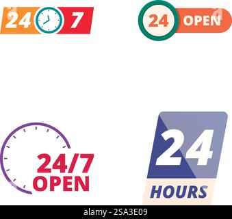 Farbenfrohe und flexible 247 Service-Symbole für Kundensupport und Business-Support mit rund um die Uhr verfügbarer Verfügbarkeit. Non-Stop-Operationen. Sammlung von vier farbenfrohen Symbolen, die die Serviceverfügbarkeit 247 darstellen Stock Vektor