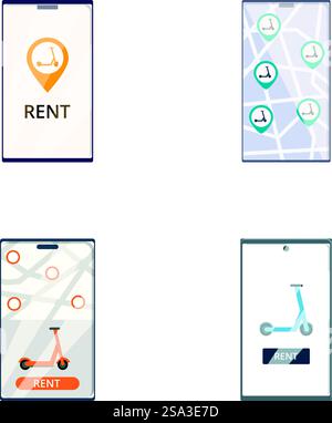 Sammlung von vier mobilen App-Symbolen für Fahrradverleih, Roller und Autovermietung. Symbole für die App für den Mietservice eingestellt Stock Vektor