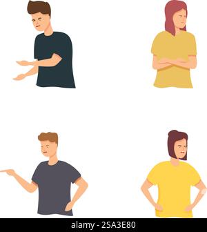 Collection of four illustrations showing young adults with crossed arms and disapproving gestures. Set of people expressing disagreement and discontent Stock Vektor