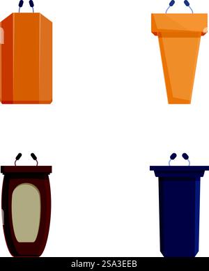 Vektor-Illustrationen von vier bunten Cartoonstil-Mülleimer isoliert auf weißem Hintergrund. Set mit Symbolen für Zeichentrickkisten Stock Vektor