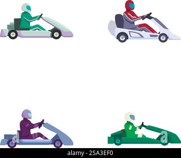 Sammlung von vier Vektorillustrationen mit Fahrern in Gokarts, geeignet für Rennmotive. Buntes gokart Racers Vektor-Set Stock Vektor