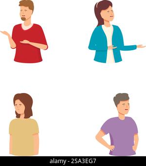 Vektorillustrationen von vier verschiedenen Personen, die verschiedene Gesten und Gesichtsausdrücke zeigen. Verschiedene Gesten und Ausdrücke von Menschen Stock Vektor