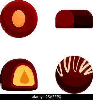 Verschiedene Schokoladensügler-Illustrationen im Vektorformat für digitale Kunst und Grafikdesign mit einer Vielzahl köstlicher Pralinen. Süßigkeiten. Und Süßwaren. Einschließlich Bonbons. Trüffel. Pralinen. Satz von vier Vektorillustrationen, die verschiedene Arten von Schokoladenbonbons zeigen Stock Vektor