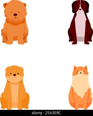 Sammlung von vier entzückenden Illustrationen mit zwei Hunden und zwei Katzen in flachem Design. Set mit niedlichen Zeichentrickhunden und Katzen Stock Vektor