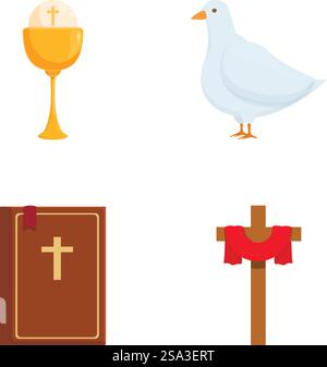 Vektor-Illustration von vier christlichen religiösen Symbolen. Christliche Symbole setzen Kelch, Taube, Bibel, Kreuz Stock Vektor