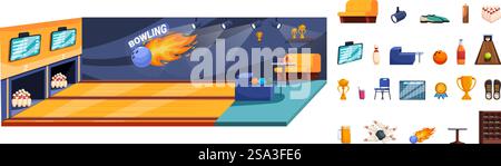 Innenvektor des Bowlingclubs. Eine Bowlingbahn mit einem Feuerball in der Luft. Die Bowlingbahn hat einen Fernseher und eine Bar. Innenvektor des Bowlingclubs. Eine Bowlingbahn mit einem Feuerball in der Luft Stock Vektor