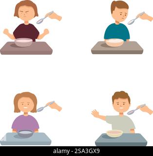 Illustration von vier Kindern mit leeren Schüsseln, die jeweils eine einzigartige emotionale Reaktion zeigen. Kinder mit leeren Schüsseln, die unterschiedliche Reaktionen zeigen Stock Vektor