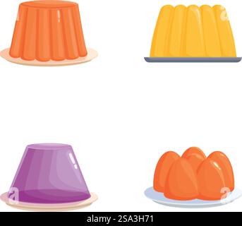Sammlung von vier verschiedenen Arten von Cartoongelee-Illustrationen auf Tellern. Set aus bunten Gelee Desserts Illustration Stock Vektor
