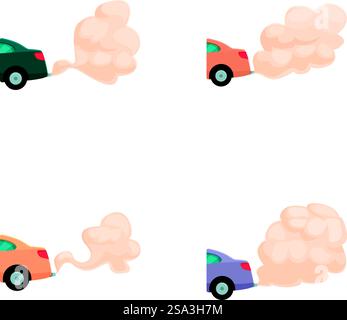 Set aus vier farbenfrohen animierten Autos, die Rauch ausstrahlen, isoliert auf weißem Hintergrund. Cartoon-Autos mit Abgasrauch Stock Vektor